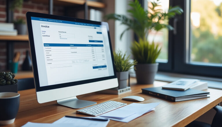 Dirigeant de PME consultant une facture électronique sur écran d'ordinateur