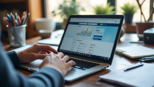 Un particulier consulte une plateforme de financement participatif pour investir dans une start-up sur son ordinateur portable
