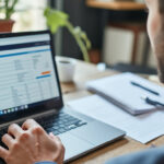 Micro-entrepreneur consultant ses factures et son ordinateur à son bureau