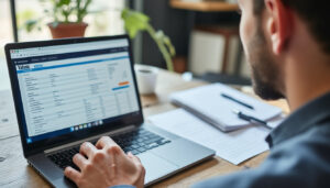 Micro-entrepreneur consultant ses factures et son ordinateur à son bureau
