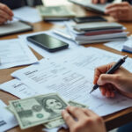 Factures et liquidités sur un bureau d'entreprise illustrant l'affacturage