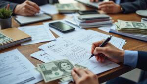 Factures et liquidités sur un bureau d'entreprise illustrant l'affacturage
