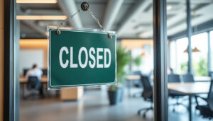 Bureau vide de PME avec pancarte fermeture estivale sur la porte