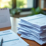 Pile de factures et calendrier sur un bureau d'entreprise