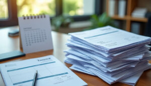 Pile de factures et calendrier sur un bureau d'entreprise