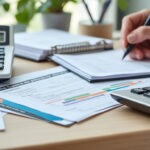 Documents administratifs et calculatrice sur un bureau d'entreprise