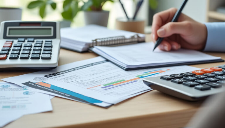 Documents administratifs et calculatrice sur un bureau d'entreprise