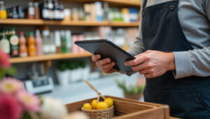 Commerçant utilisant une caisse enregistreuse tactile conforme dans sa boutique
