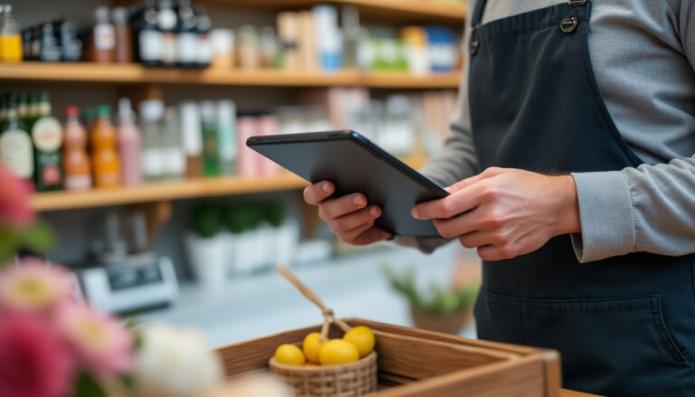 Commerçant utilisant une caisse enregistreuse tactile conforme dans sa boutique