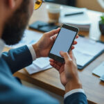 Indépendant consultant son compte professionnel sur smartphone dans son bureau
