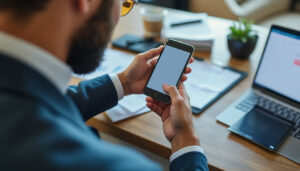 Indépendant consultant son compte professionnel sur smartphone dans son bureau