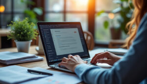 Consultant en portage salarial travaillant sur ordinateur dans un espace de coworking