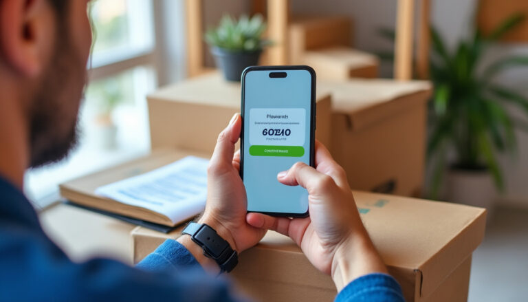 Livreur consultant une application de paiement sur smartphone