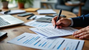 Bureau vide avec factures et documents administratifs d'une micro-entreprise à l'arrêt