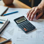 Facture et calculatrice sur un bureau d'auto-entrepreneur pour calculer la TVA