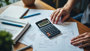 Facture et calculatrice sur un bureau d'auto-entrepreneur pour calculer la TVA