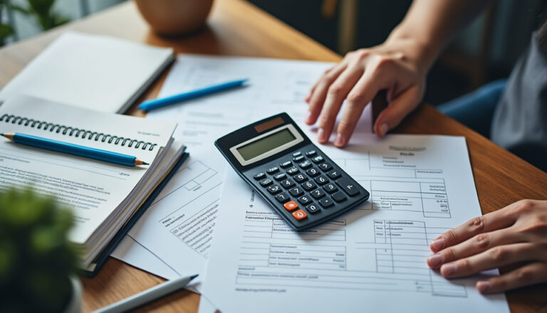 Facture et calculatrice sur un bureau d'auto-entrepreneur pour calculer la TVA