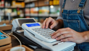 Commerçant calculant ses factures et charges au comptoir de sa boutique