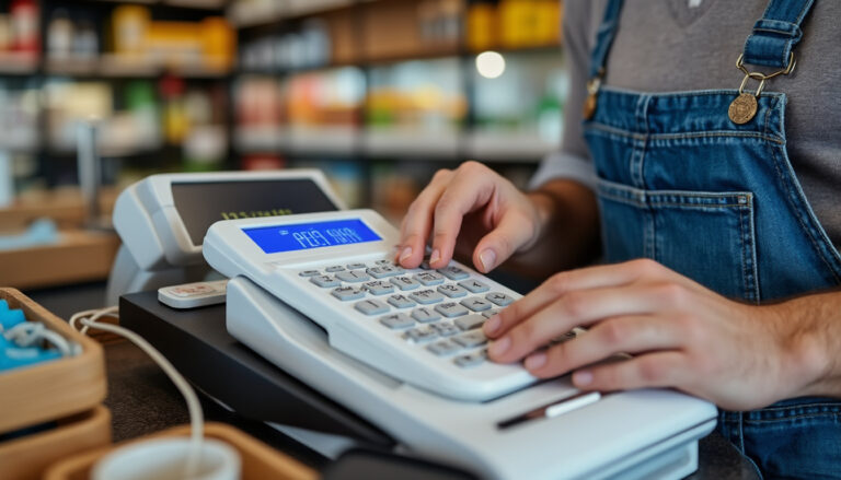 Commerçant calculant ses factures et charges au comptoir de sa boutique