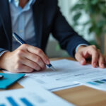 Dirigeant d'entreprise comparant des documents bancaires professionnels sur un bureau