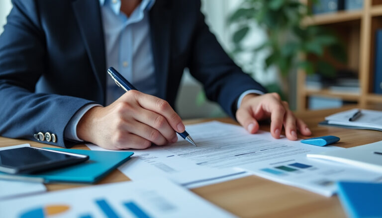 Dirigeant d'entreprise comparant des documents bancaires professionnels sur un bureau