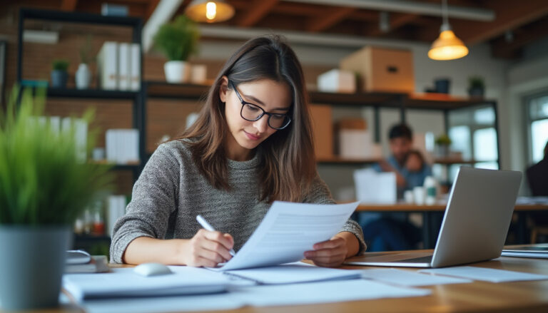 Dirigeant de TPE consultant des documents d'épargne salariale au bureau