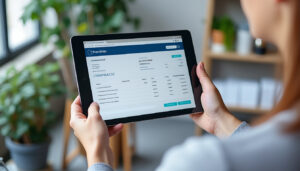Dirigeant de PME consultant une facture électronique sur écran d'ordinateur