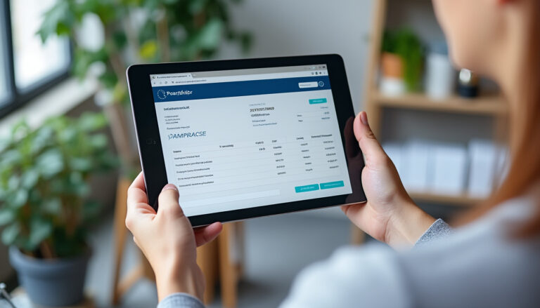 Dirigeant de PME consultant une facture électronique sur écran d'ordinateur