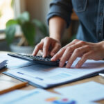 Dirigeant de TPE calculant ses impôts sur documents comptables