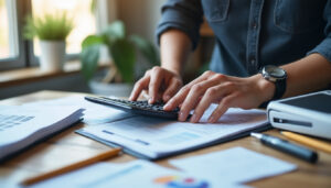 Dirigeant de TPE calculant ses impôts sur documents comptables