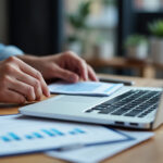 Entrepreneur ouvrant un compte bancaire professionnel en ligne sur ordinateur portable