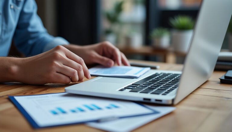 Entrepreneur ouvrant un compte bancaire professionnel en ligne sur ordinateur portable