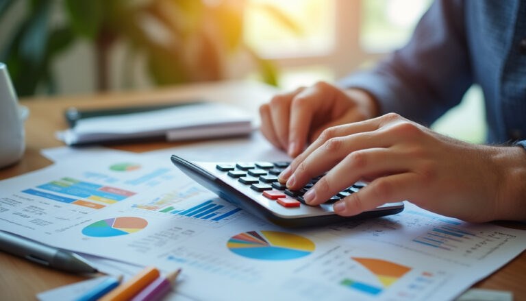 Calculatrice et papiers de déclaration d'impôts sur une table familiale