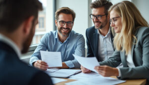Employeur et salarié discutant d'un document de contrat de travail au bureau