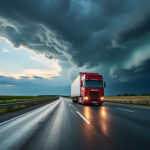 Camions de transport routier roulant sur autoroute sous un ciel orageux