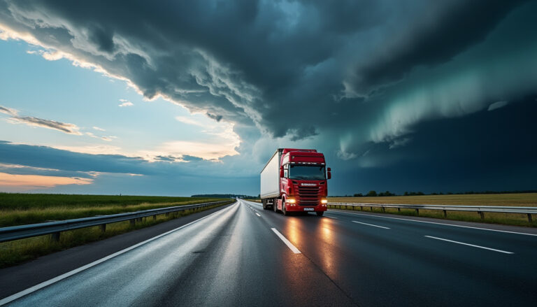 Camions de transport routier roulant sur autoroute sous un ciel orageux