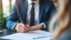 Employeur et salarié signant un document de rupture conventionnelle au bureau