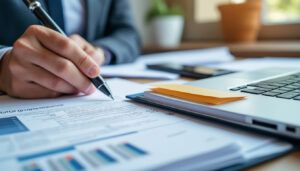 Dirigeant et salarié échangeant des documents lors d'un entretien de rupture de contrat