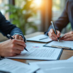 Employeur et salarié signant une convention de rupture conventionnelle dans un bureau