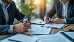 Employeur et salarié signant une convention de rupture conventionnelle dans un bureau