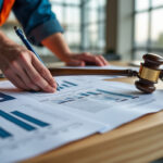 Marteau de tribunal posé sur des documents de chantier, symbole d'une condamnation pour travail dissimulé