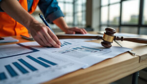 Marteau de tribunal posé sur des documents de chantier, symbole d'une condamnation pour travail dissimulé