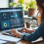 Dirigeant de TPE consultant un tableau de bord numérique au bureau