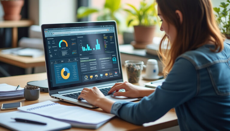 Dirigeant de TPE consultant un tableau de bord numérique au bureau