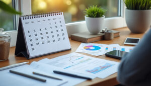 Calendrier d'entreprise avec documents administratifs sur un bureau
