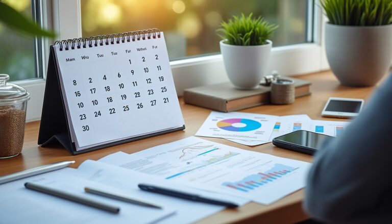 Calendrier d'entreprise avec documents administratifs sur un bureau