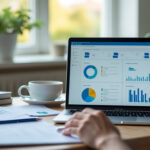 Dirigeant de PME consultant un tableau de bord sur ordinateur portable au bureau