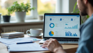 Dirigeant de PME consultant un tableau de bord sur ordinateur portable au bureau