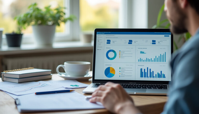 Dirigeant de PME consultant un tableau de bord sur ordinateur portable au bureau
