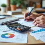 Micro-entrepreneur calculant ses charges face à des factures sur son bureau